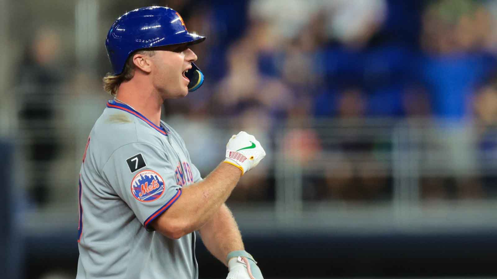 New York Mets first baseman Pete Alonso (20) reacts from second base after hitting RBI double against the Miami Marlins during the first inning at loanDepot Park.