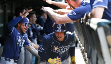 Tampa Bay Rays pinch hiter Nick Fortes rounds the bases after hitting a solo home run against the Chicago Cubs during the ninth inning of a baseball game Saturday, Sept. 13, 2025, in Chicago. (AP Photo/Kamil Krzaczynski)