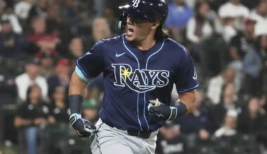 Tampa Bay Rays’ Tristan Gray reacts as he rounds the bases after hitting a solo home run during the seventh inning of a baseball game against the Chicago White Sox in Chicago, Tuesday, Sept. 9, 2025. (AP Photo/Nam Y. Huh)