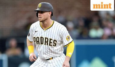 Ryan O'Hearn #32 of the San Diego Padres leads off second base during a game against the Arizona Diamondbacks at Petco Park.