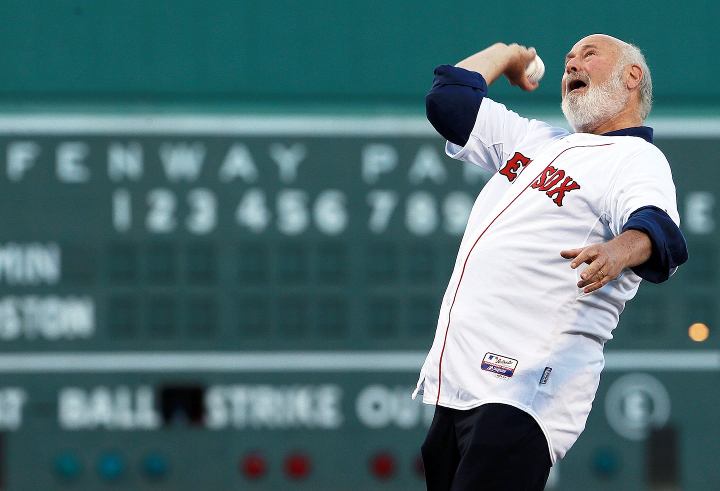 Rob Reiner tossed a first pitch at Fenway Park in June 2014.