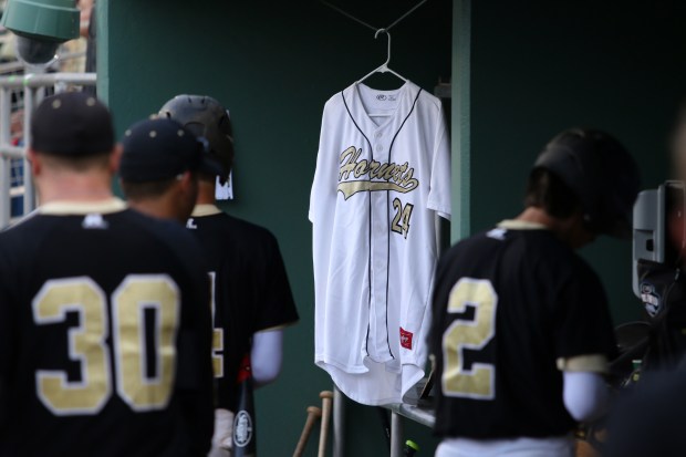 Joe Skinner's jersey hung in the Bishop Moore dugout after he passed away in 2016. (Kelli Krebs / Correspondent)