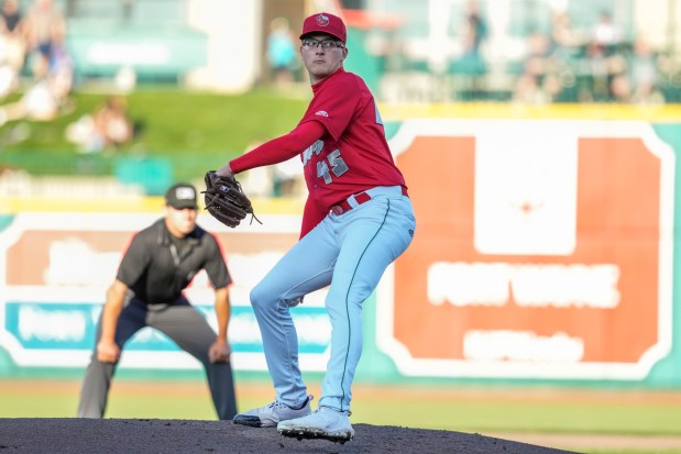 Padres pitching prospect Garrett Hawkins suited up for high Single-A Fort Wayne in 2023, before requiring Tommy John surgery. (Fort Wayne TinCaps)