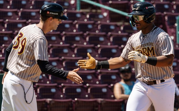 Padres prospect Kavares Tears is congratulated by Storm manager Brian Burres after hitting a home run for low Single-A Lake Elsinore. (Artur Ivanov / Lake Elsinore Storm)