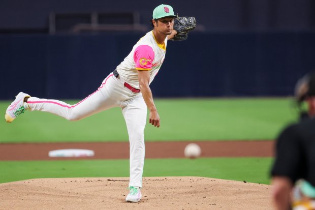 Yu Darvish #11 of the San Diego Padres pitches against the Arizona Diamondbacks during the first inning at Petco Park on Friday, Sept. 26, 2025 in San Diego, California. (Meg McLaughlin / The San Diego Union-Tribune via Getty Images)
