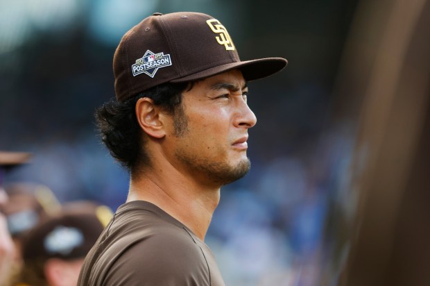 Yu Darvish #11 of the San Diego Padres looks on against the Chicago Cubs during Game 2 of the NL Wild Card Series at Wrigley Field on Oct. 1, 2025 in Chicago, Illinois. (Photo by K.C. Alfred / The San Diego Union-Tribune)