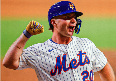 photo of Pete Alonso in mets uniform pumping fist, with words "on the move" under in bold, and Orioles bird