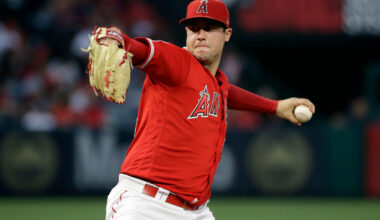 FILE - In this June 29, 2019, file photo, Los Angeles Angels starting pitcher Tyler Skaggs throws t...
