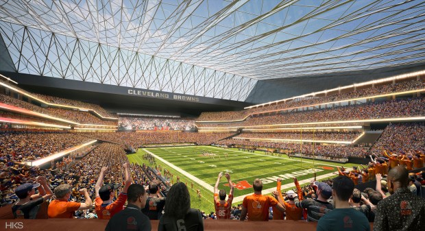 This rendering provided by HKS shows a proposed domed stadium for the Browns. (HKS/Cleveland Browns via Associated Press)
