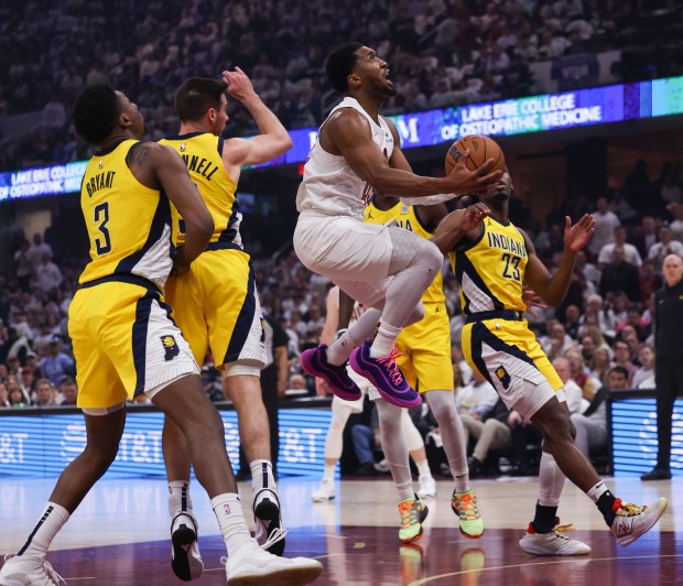 The Cavaliers' Donovan Mitchell during the first half against the Pacers during Game 2 of their second-round playoff series May 6 at Rocket Arena. (Tim Phillis - For The News-Herald)