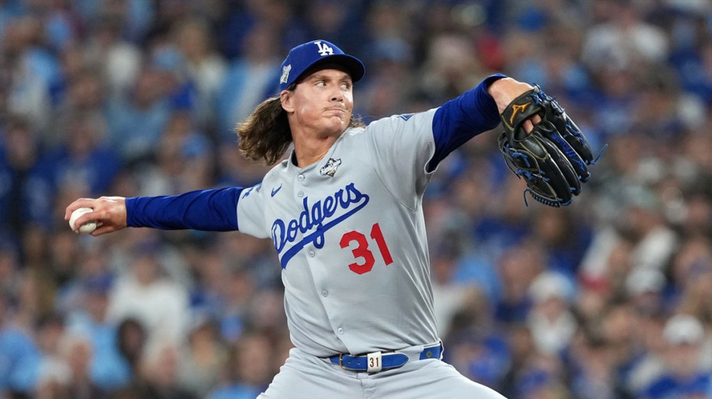 Los Angeles Dodgers pitcher Tyler Glasnow (31) throws a pitch in the ninth inning for game six of the 2025 MLB World Series at Rogers Centre.