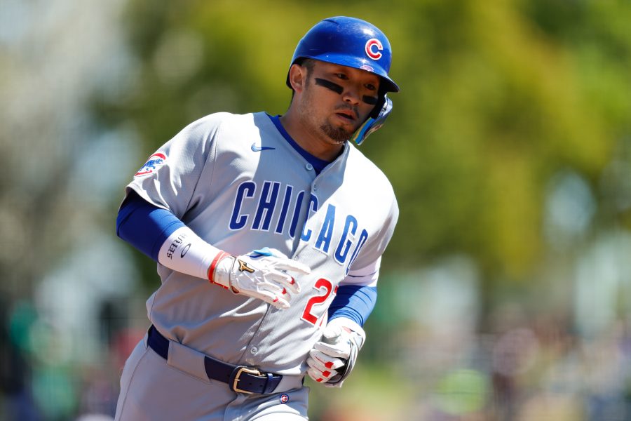 Chicago Cubs outfielder Seiya Suzuki (27) runs the bases after hitting a three run home run during the second inning against the Athletics at Sutter Health Park.
