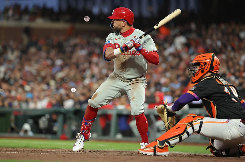 Jul 8, 2025; San Francisco, California, USA; Philadelphia Phillies designated hitter Kyle Schwarber (12) at bat against the San Francisco Giants during the seventh inning at Oracle Park. Mandatory Credit: Kelley L Cox-Imagn Images