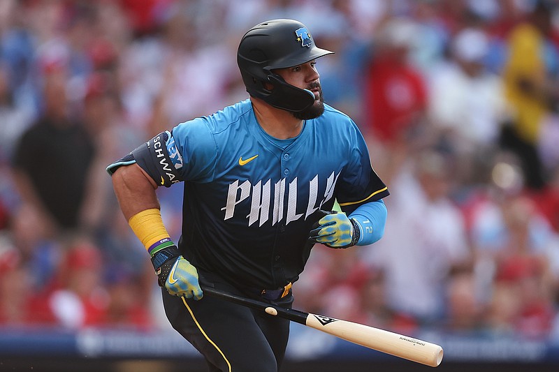 Jul 18, 2025; Philadelphia, Pennsylvania, USA; Philadelphia Phillies outfielder Kyle Schwarber (12) this a home run against the Los Angeles Angels during the first inning at Citizens Bank Park. Mandatory Credit: Bill Streicher-Imagn Images
