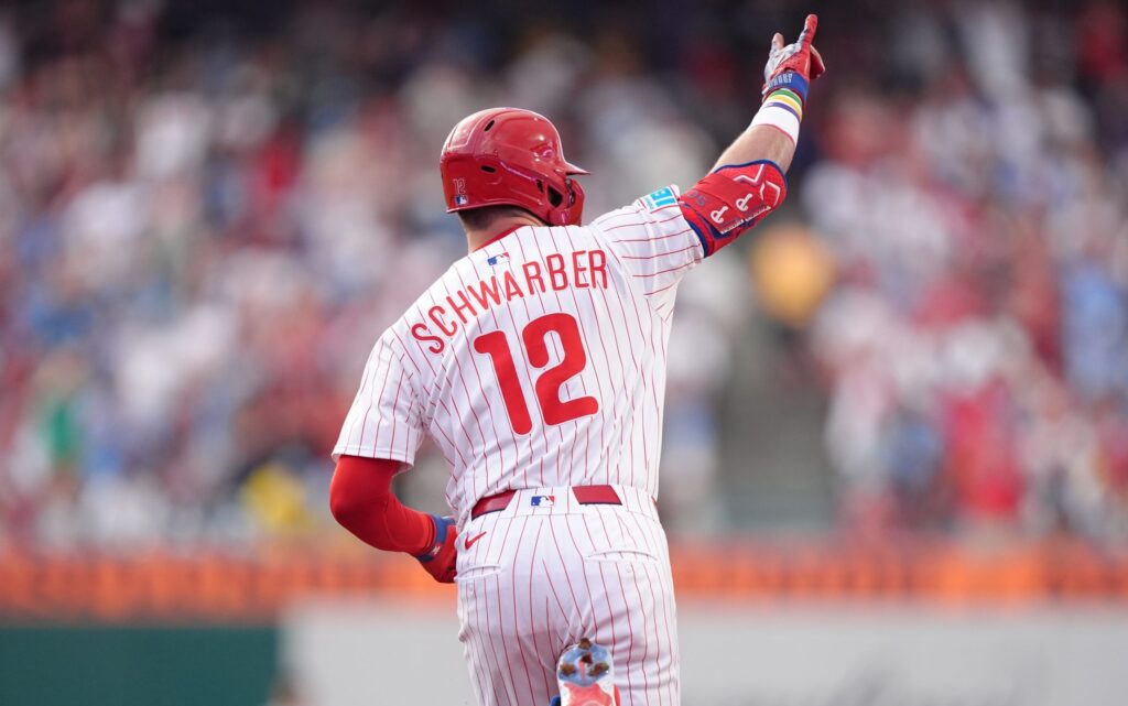 Jul 22, 2025; Philadelphia, Pennsylvania, USA; Philadelphia Phillies designated hitter Kyle Schwarber (12) rounds the bases after hitting a home run against the Boston Red Sox in the second inning at Citizens Bank Park.