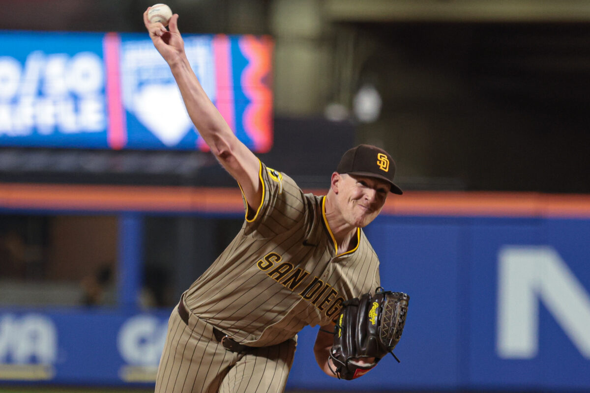 Sep 17, 2025; New York City, New York, USA; San Diego Padres starting pitcher Nick Pivetta (27) delivers a pitch during the third inning against the New York Mets at Citi Field. Mandatory Credit: Vincent Carchietta-Imagn Images