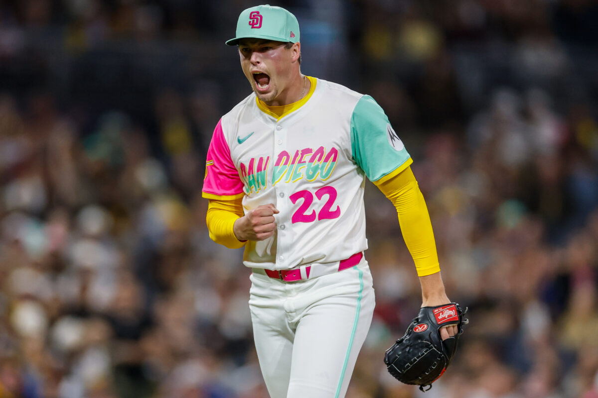 Sep 26, 2025; San Diego, California, USA; San Diego Padres relief pitcher Mason Miller (22) celebrates during the eighth inning Arizona Diamondbacks at Petco Park. Mandatory Credit: David Frerker-Imagn Images