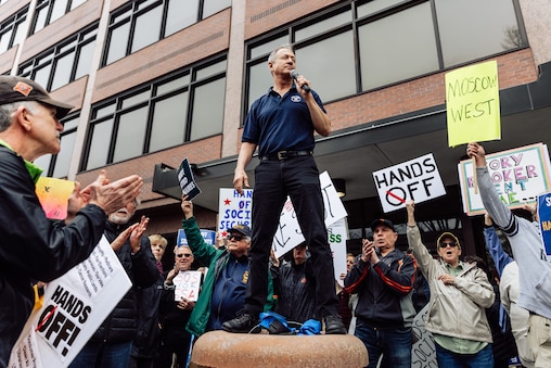 Hundreds of protestors chant following a speech by former Maryland Gov. Martin O’Malley at a local “Hands Off” protest- one of over 1,000 happening nationwide- at the Social Security Administration headquarters in Woodlawn, MD, on Saturday, April 5, 2025.