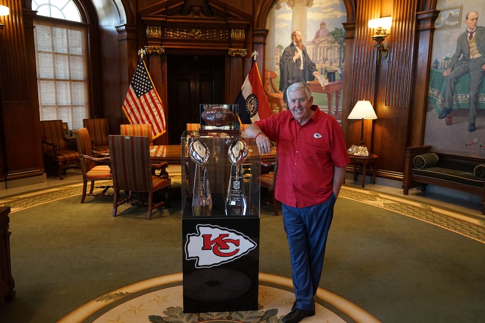 Missouri Governor Mike Parson poses with the Kansas City Chiefs Super Bowl LVII and LVIII...