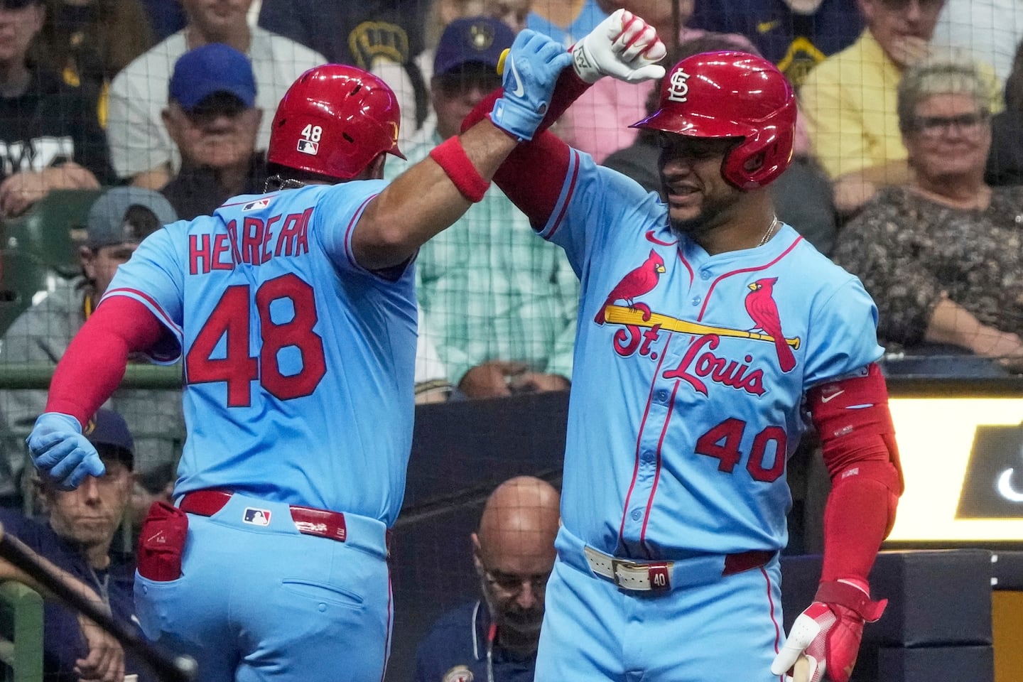 In his three seasons as a Cardinal, Willson Contreras (right) did most of his slugging on the road than at pitcher-friendly Busch Stadium. 