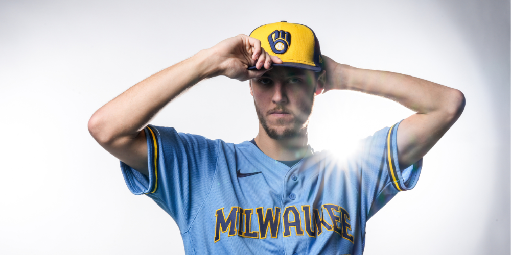 Jacob Misiorowski in the Milwaukee Brewers 2026 Alternate Powder Blue Road Jersey (Photo: Brewers)