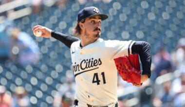 MINNEAPOLIS, MINNESOTA - JULY 6: Joe Ryan #41 of the Minnesota Twins delivers a pitch against the Tampa Bay Rays during the first inning at Target Field on July 6, 2025 in Minneapolis, Minnesota. Simpson scored on the play.