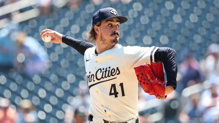 MINNEAPOLIS, MINNESOTA - JULY 6: Joe Ryan #41 of the Minnesota Twins delivers a pitch against the Tampa Bay Rays during the first inning at Target Field on July 6, 2025 in Minneapolis, Minnesota. Simpson scored on the play.