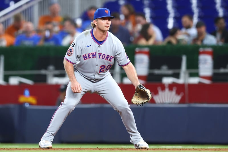 MIAMI, FLORIDA - SEPTEMBER 26: Pete Alonso #20 of the New York Mets in action against the Miami Marlins during the first inning of the game at loanDepot park on September 26, 2025 in Miami, Florida. (Photo by Megan Briggs/Getty Images)