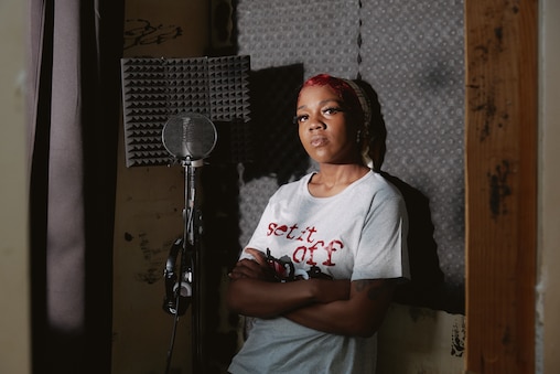 April 14th, 2025 - Baltimore, Maryland. Martina Lynch during a recording session in a Baltimore City home studio.