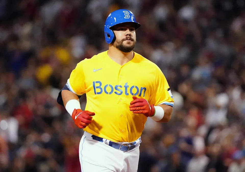 Sep 22, 2021; Boston, Massachusetts, USA; Boston Red Sox left fielder Kyle Schwarber (18) rounds the bases after hitting a three run home run against the New York Mets in the second inning at Fenway Park. (David Butler II/Imagn Images)