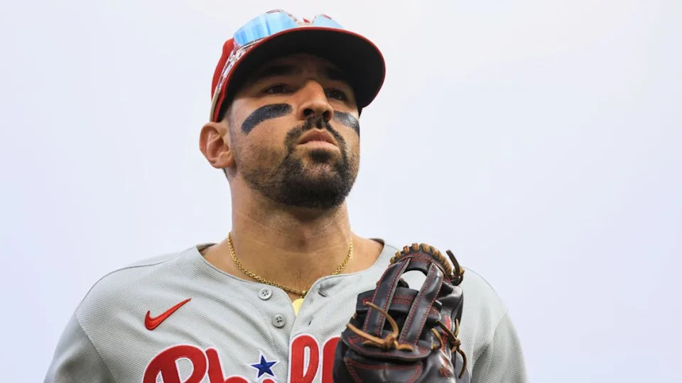 Aug 11, 2025; Cincinnati, Ohio, USA; Philadelphia Phillies outfielder <a href="https://clutchpoints.com/mlb/players/af2c097a/nick-castellanos" rel="nofollow noopener" target="_blank" data-ylk="slk:Nick Castellanos;elm:context_link;itc:0;sec:content-canvas" class="link ">Nick Castellanos</a> (8) runs off the field at the end of the third inning against the Cincinnati Reds at Great American Ball Park. Mandatory Credit: Katie Stratman-Imagn Images