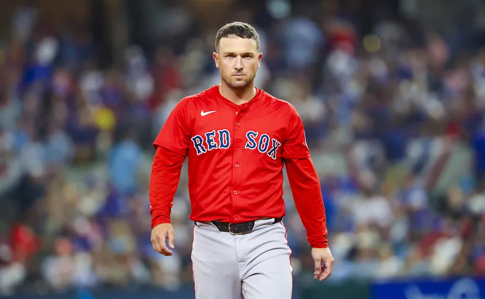 Mar 28, 2025; Arlington, Texas, USA; Boston Red Sox third baseman Alex Bregman (2) reacts during the game against the Texas Rangers at Globe Life Field. (Kevin Jairaj/Imagn Images)