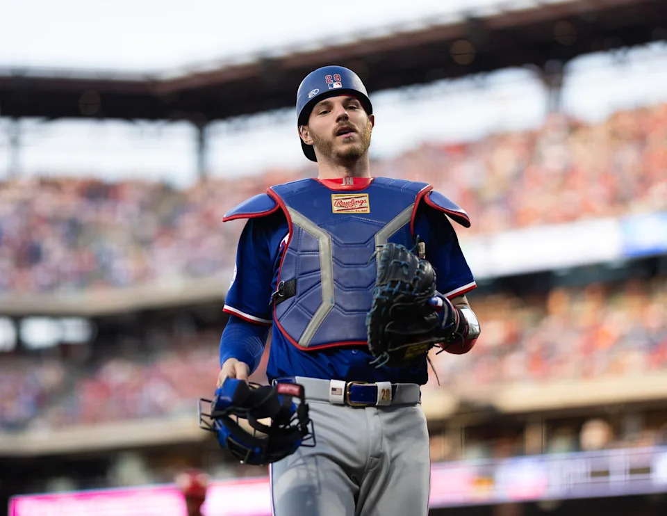 May 21, 2024; Philadelphia, Pennsylvania, USA; Texas Rangers catcher Jonah Heim (28) in a game against the Philadelphia Phillies at Citizens Bank Park. Mandatory Credit: Bill Streicher-Imagn Images