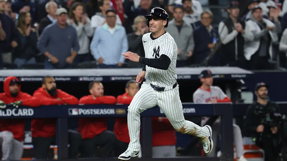 Oct 2, 2025; Bronx, New York, USA; New York Yankees outfielder Cody Bellinger (35) runs to home plate in the fourth inning against the Boston Red Sox during game three of the Wildcard round for the 2025 MLB playoffs at Yankee Stadium.