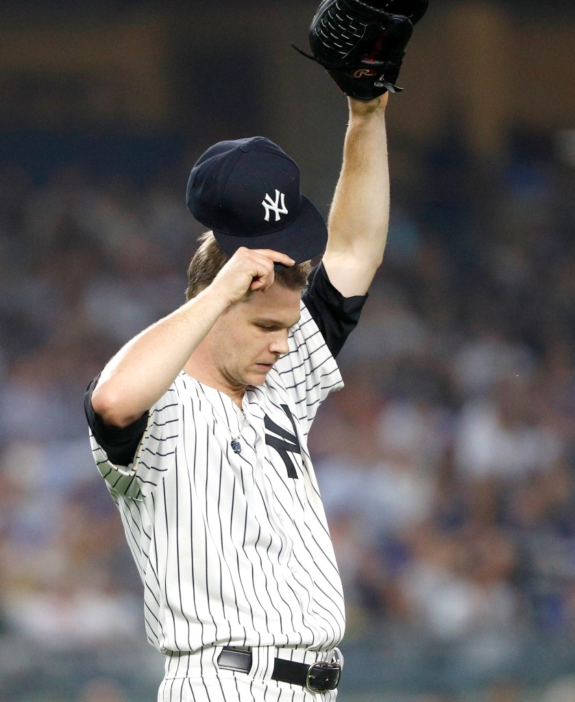 Sonny Gray #55 of the New York Yankees reacts on the mound during the 4th inning in a baseball game at Yankee Stadium on August 15, 2017