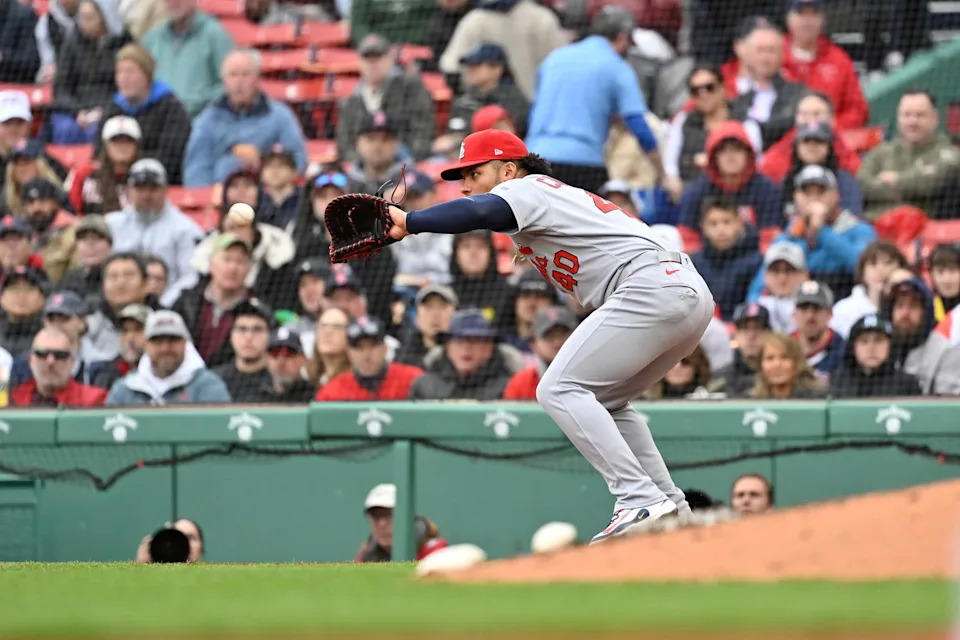 Apr 6, 2025; Boston, Massachusetts, USA; St. Louis Cardinals first baseman Willson Contreras (40) makes a catch for an out against the Boston Red Sox during the fifth inning at Fenway Park. (Eric Canha/Imagn Images)