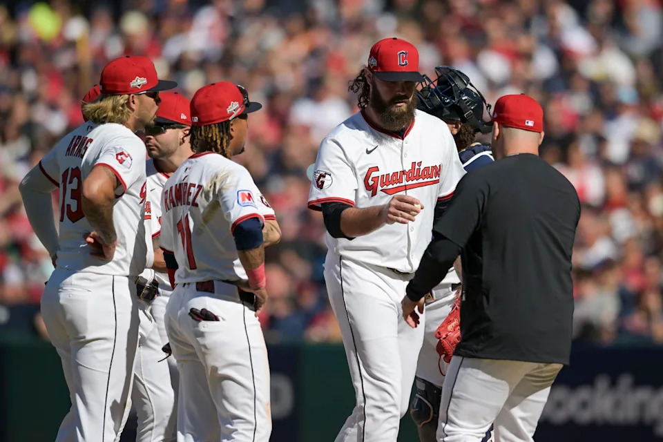 Oct 1, 2025; Cleveland, Ohio, USA; Cleveland Guardians pitcher Hunter Gaddis (33) is relieved from the mound win the seventh inning against the Detroit Tigers during game two of the Wildcard round for the 2025 MLB playoffs at Progressive Field. Mandatory Credit: Ken Blaze-Imagn Images