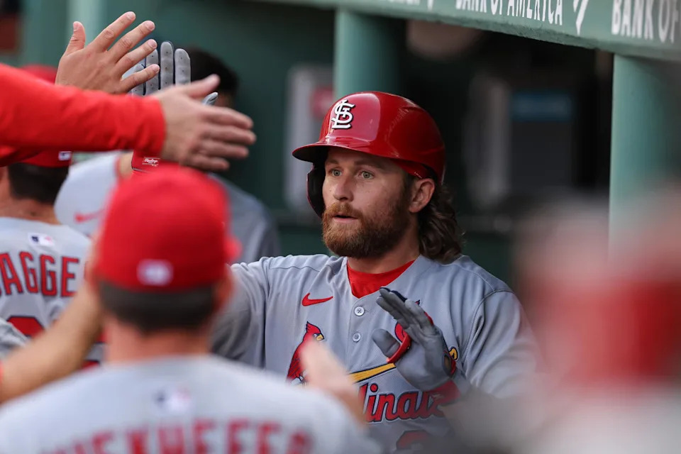Apr 4, 2025; Boston, Massachusetts, USA; St. Louis Cardinals second baseman Brendan Donovan (33) celebrates after hitting a home run during the fifth inning against the Boston Red Sox at Fenway Park. (Paul Rutherford/Imagn Images)