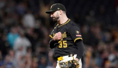 FILE - Pittsburgh Pirates pitcher Colin Holderman celebrates after getting the final out of a baseball game against the Los Angeles Dodgers, Sept. 4, 2025, in Pittsburgh. (AP Photo/Matt Freed, File)