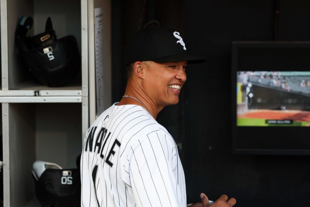 Chicago White Sox manager Will Venable walks in the dugout before the first inning against the Detroit Tigers at Rate Field on Monday, Aug. 11, 2025, in Chicago. (Armando L. Sanchez/Chicago Tribune)