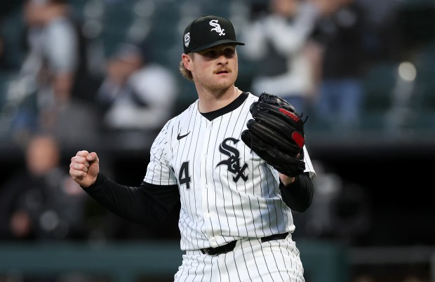 White Sox starting pitcher Shane Smith celebrates after shutting down the Marlins to end the top of the sixth inning May 10, 2025, at Rate Field. (Chris Sweda/Chicago Tribune)