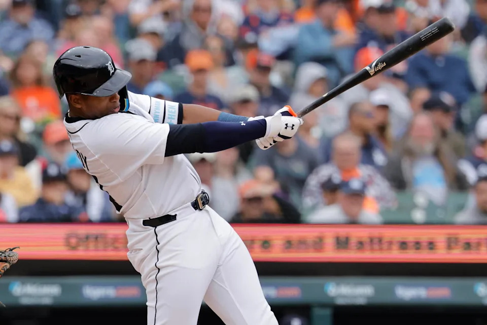 May 28, 2025; Detroit, Michigan, USA; Detroit Tigers outfielder Justyn-Henry Malloy (44) hits a RBI single in the fifth inning against the San Francisco Giants at Comerica Park. Mandatory Credit: Rick Osentoski-Imagn Images