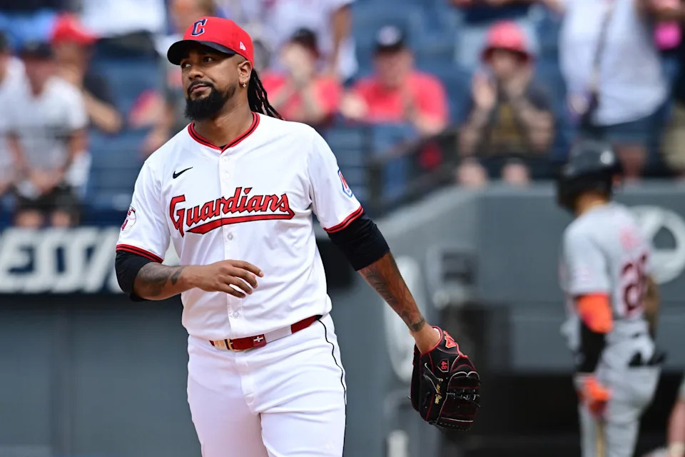 Jul 6, 2025; Cleveland, Ohio, USA; Cleveland Guardians relief pitcher Emmanuel Clase (48) reacts after giving up a run on a wild pitch during the ninth inning against the Detroit Tigers at Progressive Field. Mandatory Credit: Ken Blaze-Imagn Images