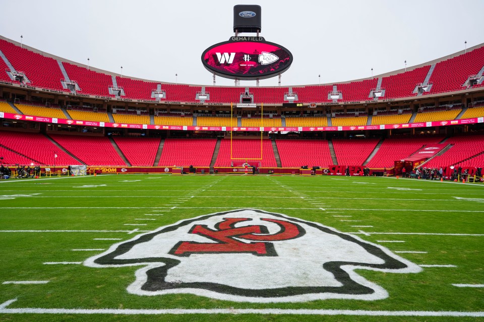 Detail view of the Kansas City Chiefs logo prior to an NFL football game between the Washington Commanders and the Kansas City Chiefs at Arrowhead Stadium on October 27, 2025