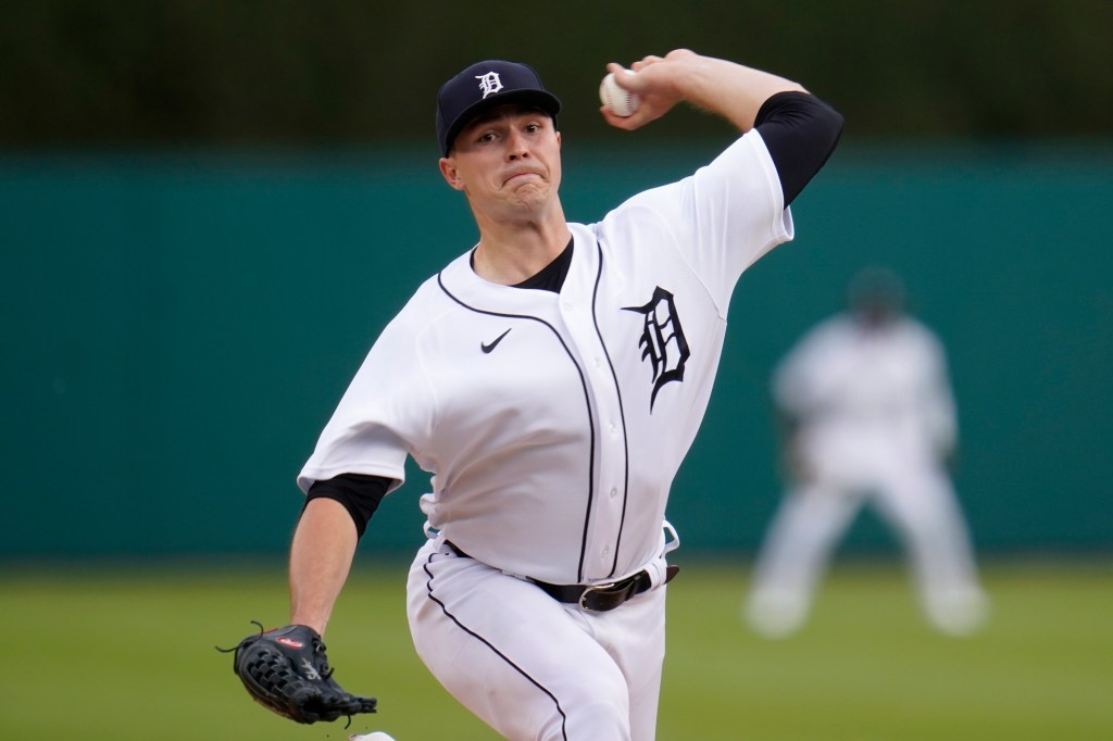 Detroit Tigers pitcher Tarik Skubal throws a pitch.