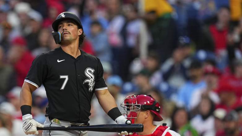 Chicago White Sox outfielder Dominic Fletcher strikes out against the Philadelphia Phillies at Citizens Bank Park.