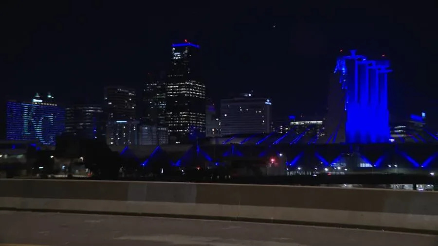 Downtown Kansas City lights up blue