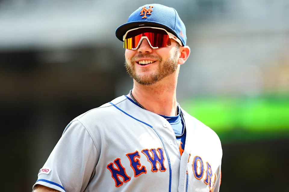 Jul 17, 2019; Minneapolis, MN, USA; New York Mets first baseman Pete Alonso (20) reacts after the seventh inning against the Minnesota Twins at Target Field. Mandatory Credit: David Berding-USA TODAY Sports