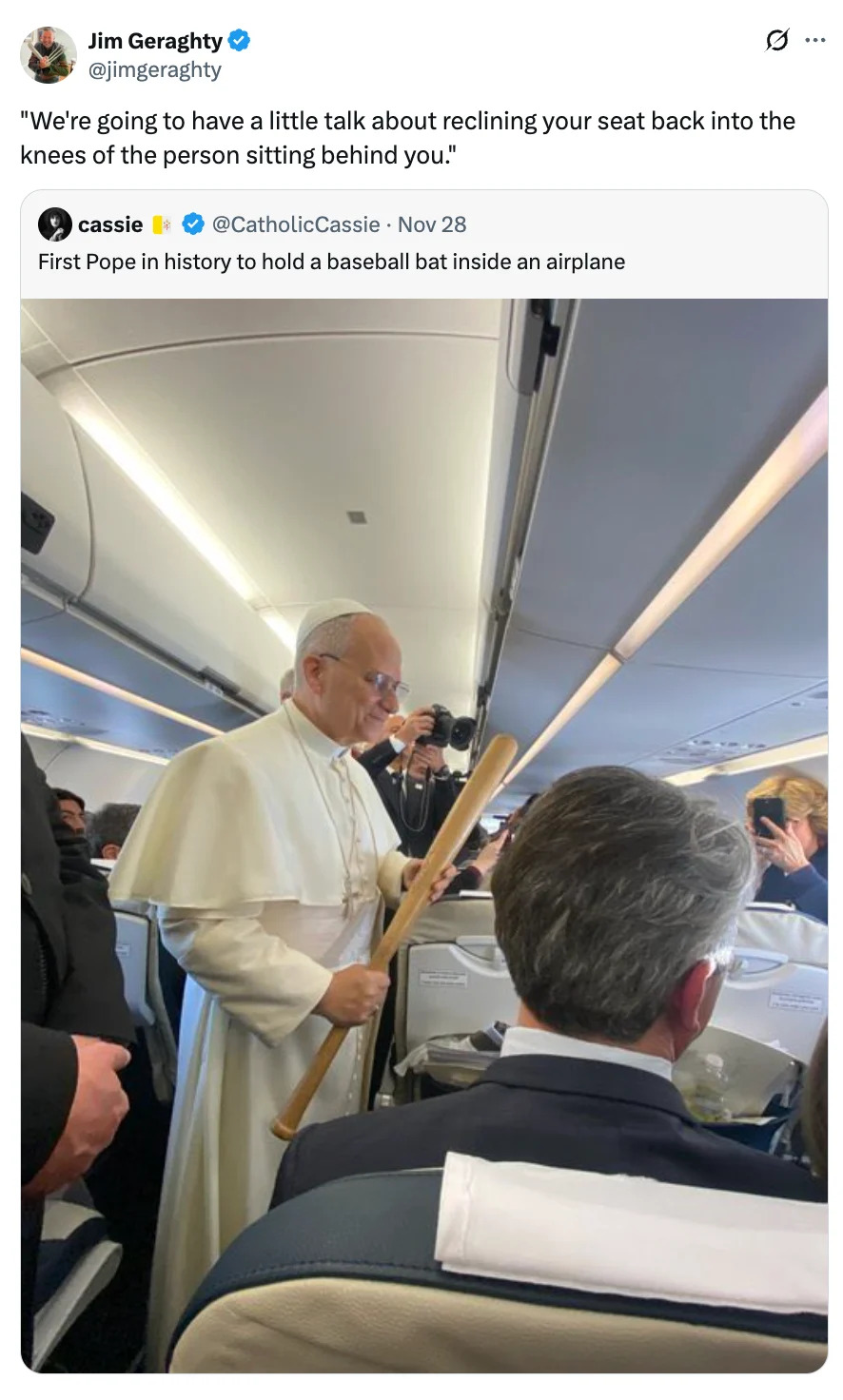 Image of a man dressed as a pope holding a baseball bat inside an airplane, with a caption about reclining seats