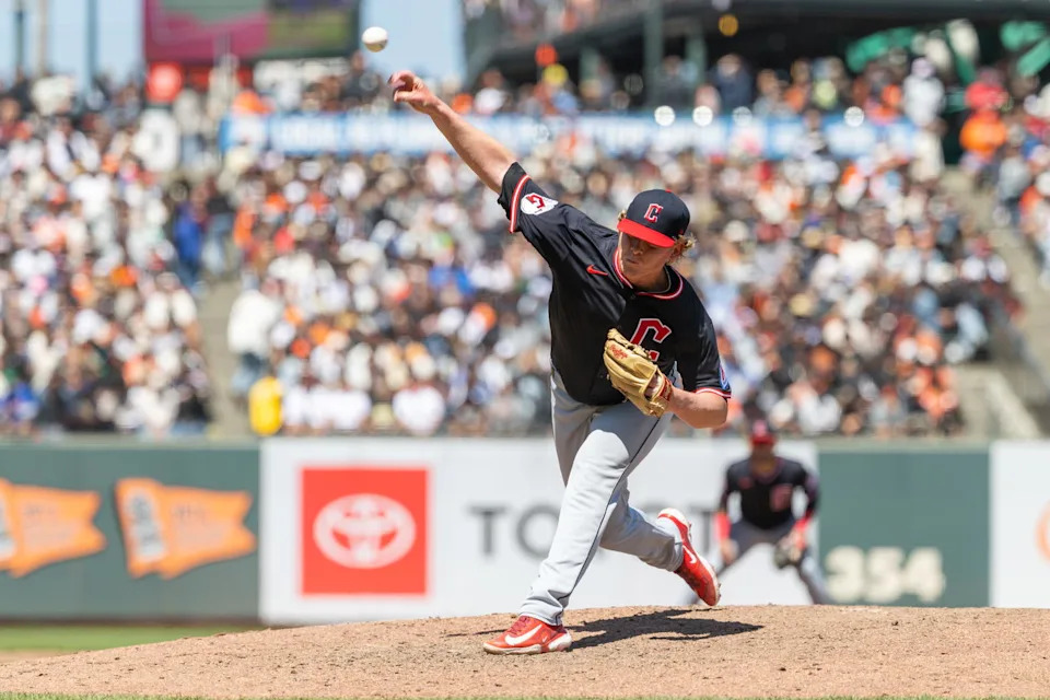 Jun 19, 2025; San Francisco, California, USA; Cleveland Guardians pitcher Nic Enright (59) throws a pitch during the seventh inning against the San Francisco Giants at Oracle Park. Mandatory Credit: Bob Kupbens-Imagn Images